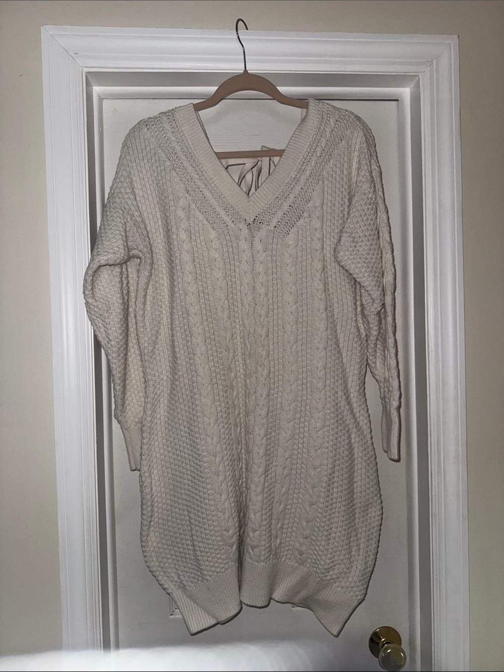 Abercrombie & Fitch Cream Cable-Knit V-Neck Sweater Dress
